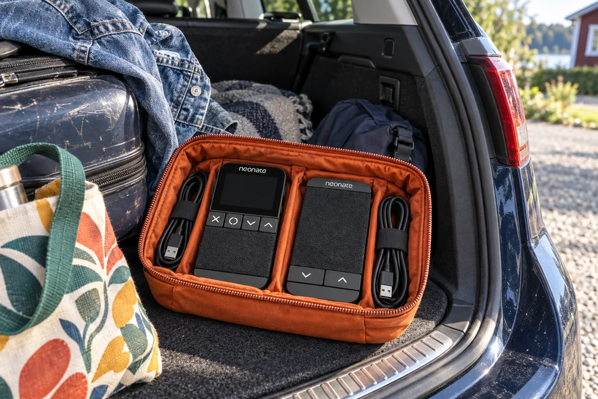 Neonate N65 V2 och laddkablar i ett orange fodral i familjebilens bagageutrymme