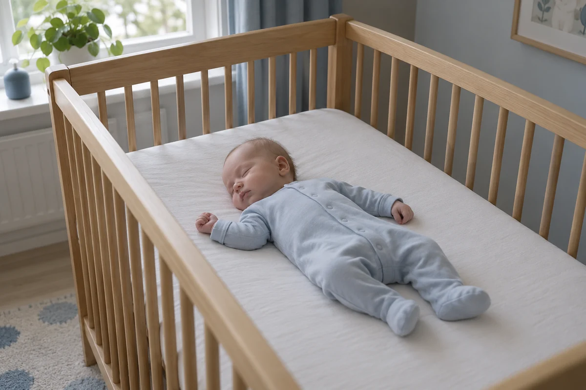 En liten bebis i blå pyjamas sover på rygg i en tom träspjälsäng
