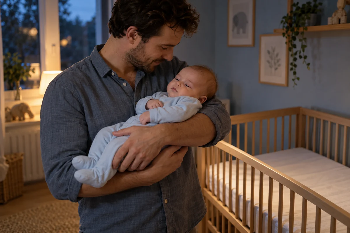 En pappa håller en liten bebis i famnen intill en tom spjälsäng