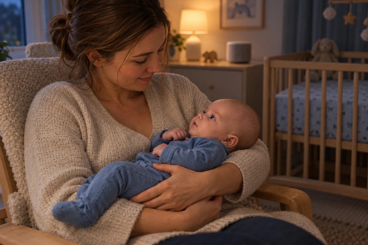 En mamma håller en liten bebis i famnen med en högtalare i bakgrunden