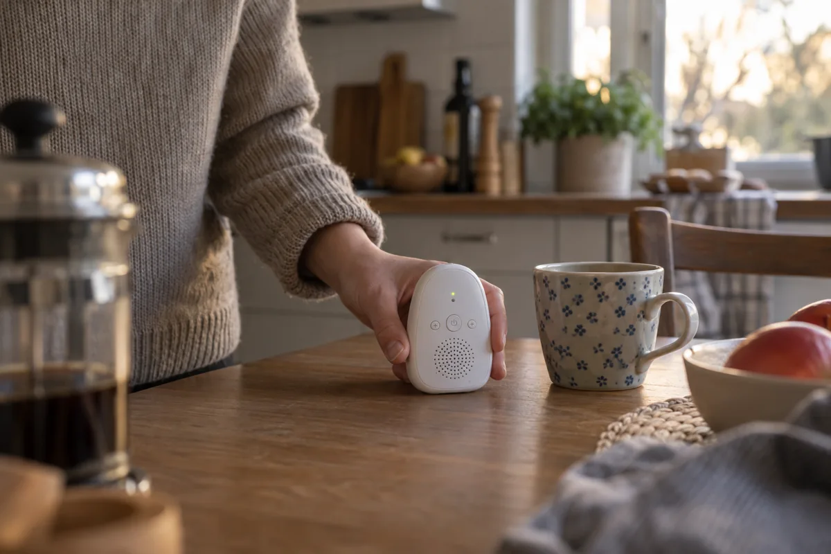 En ljudbabyvakt på köksbordet bredvid en kaffekopp