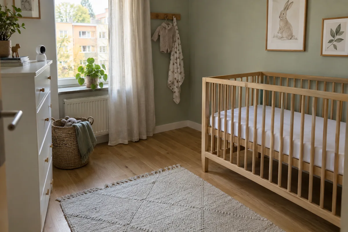 Barnrum med en babykamera på byrån och en spjälsäng en bit bort