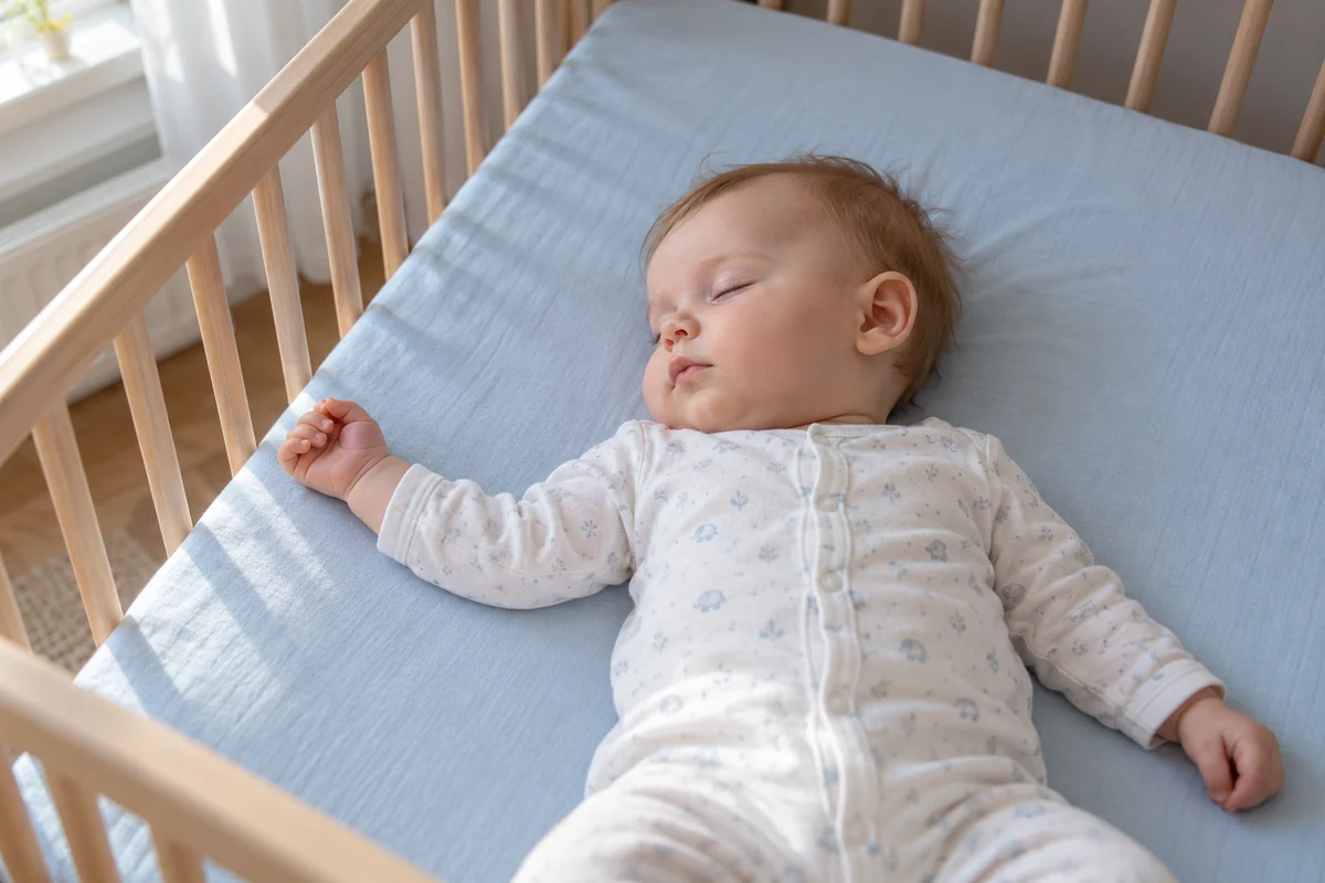 Bebis i ljus pyjamas sover på rygg på ett blått lakan i en tom träspjälsäng
