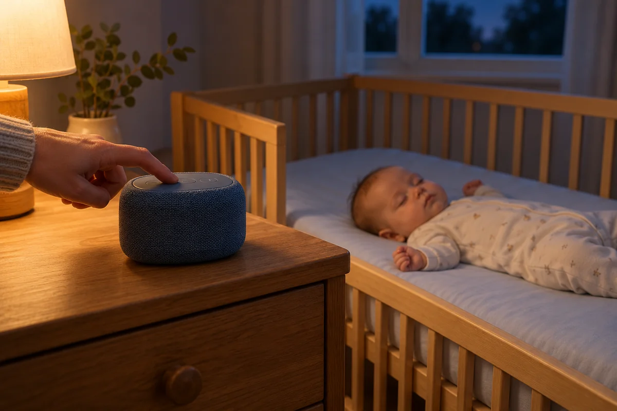 En vuxen trycker på en högtalare med en bebis sovande på rygg i spjälsängen bakom